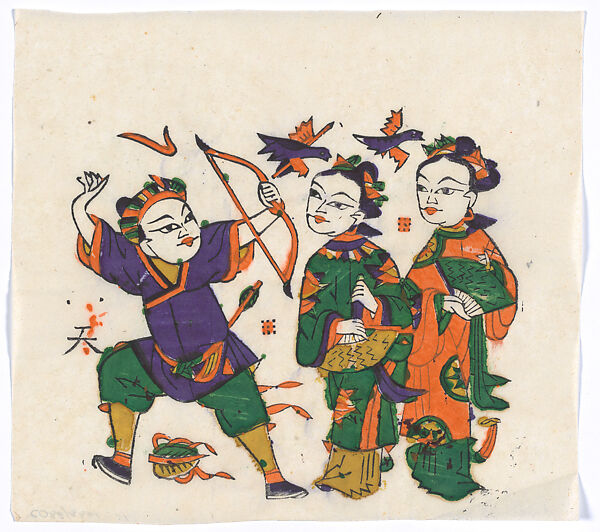 New Year Picture of characters in the drama, Daniao fenggong (Bird-hunting and the Bestowal of Imperial Consortship), Unidentified artist(s), Chinese, early 20th century, Polychrome woodblock print; ink and color on paper, China 