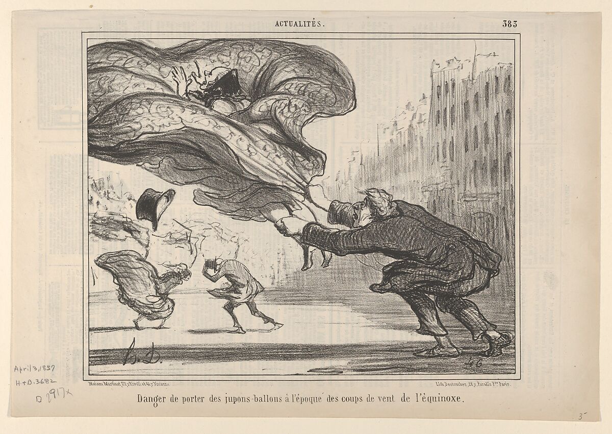 Danger de Porter des Jupes-Ballons, Plate 26 of La Crinolomanie, published in le Charivari, April 3, 1857, Honoré Daumier (French, Marseilles 1808–1879 Valmondois), Lithograph 