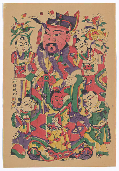 New Year Picture of Civil Door God with Five Children (paired with CP 377, right), Unidentified artist(s)  , Chinese, early 20th century, Polychrome woodblock print; ink and color on paper, China 