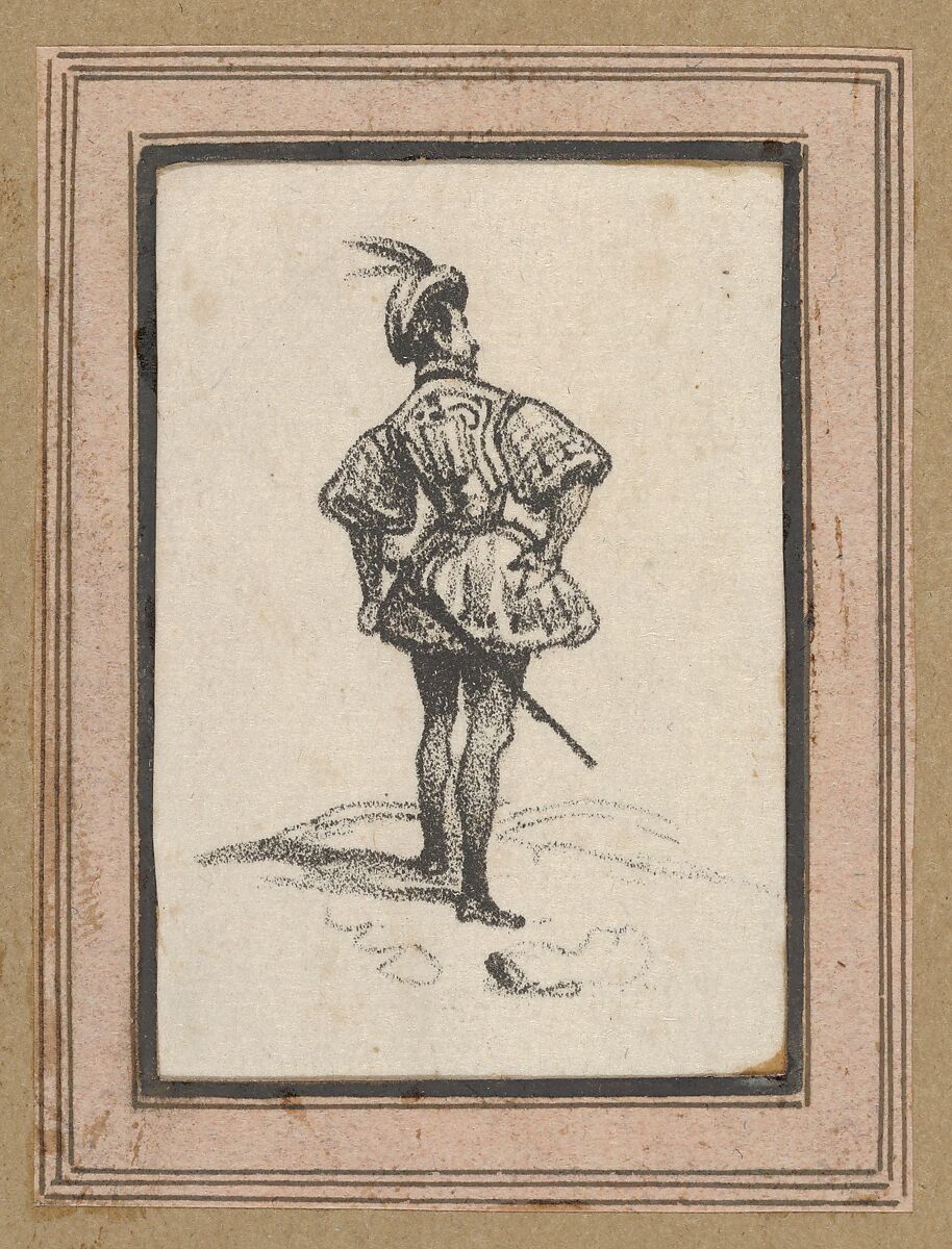 Man with sword and feathered hat, viewed from the back, Victor Adam (French, 1801–1866), Lithograph 