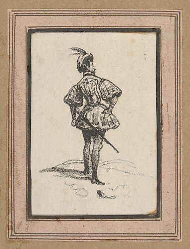Man with sword and feathered hat, viewed from the back