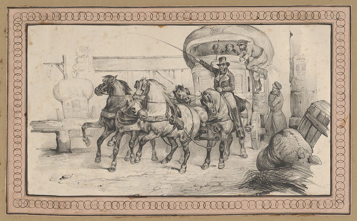 Five horses pulling a carriage with passengers, Victor Adam (French, 1801–1866), Lithograph 
