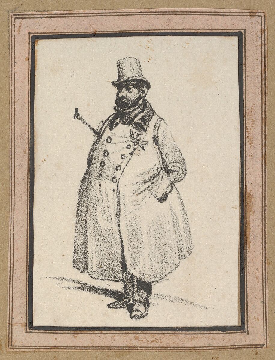 Man wearing a coat and a hat with a cane under his arm, Victor Adam (French, 1801–1866), Lithograph 