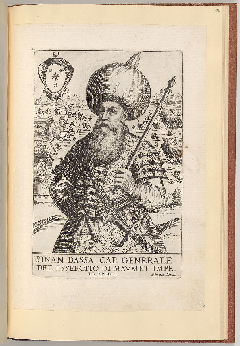 Sinan Bassa, from Effigie naturali dei maggior prencipi et piu valorosi capitani di questa eta con l'arme loro, Giacomo Franco (Italian, Venice 1550–1620 Venice), Engraving 