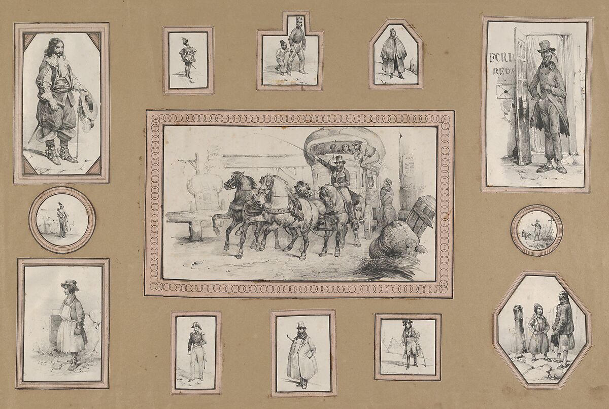 13 mounted prints depicting a carriage scene at center surrounded by various men, Victor Adam (French, 1801–1866), Lithograph 