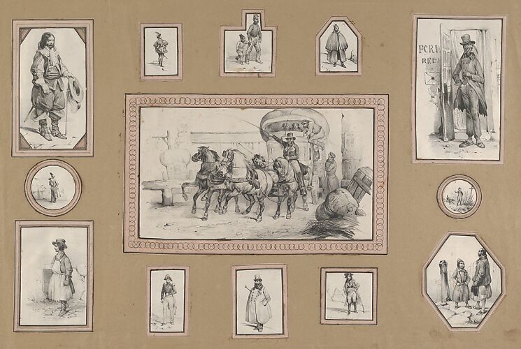 13 mounted prints depicting a carriage scene at center surrounded by various men