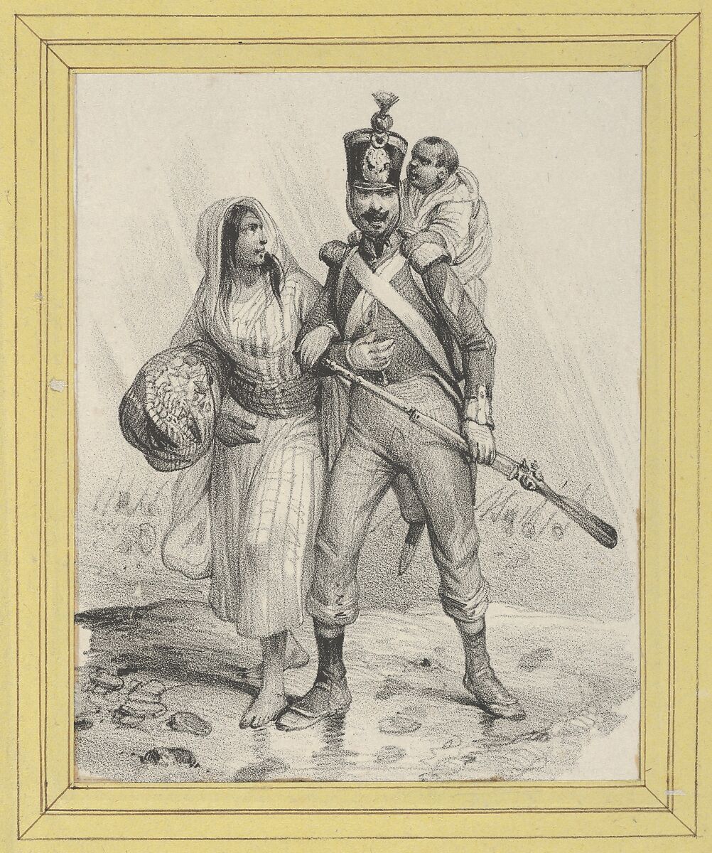 Soldier with a woman on his arm and a child on his back, Victor Adam (French, 1801–1866), Lithograph 