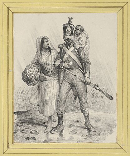 Soldier with a woman on his arm and a child on his back