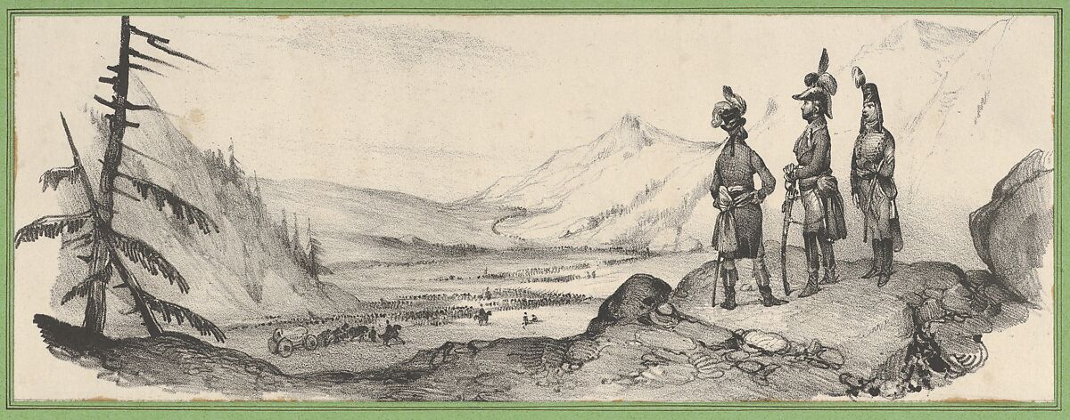 Three soldiers in a landscape, Victor Adam (French, 1801–1866), Lithograph 