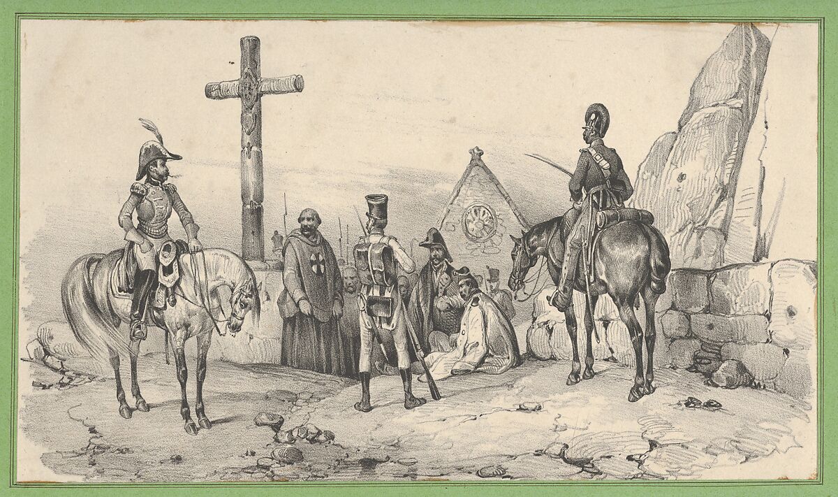 Soldiers gathered in front of a church with priests and a crucifix, Victor Adam (French, 1801–1866), Lithograph 