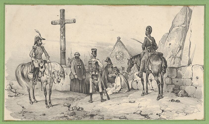 Soldiers gathered in front of a church with priests and a crucifix
