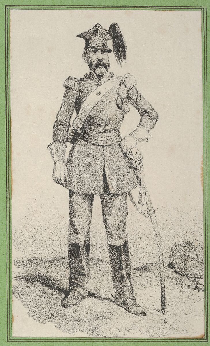 Standing soldier with his hand on the helm of his sword, Victor Adam (French, 1801–1866), Lithograph 