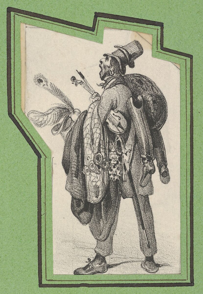 Man wearing two hats and holding boots, jackets and a violin, Victor Adam (French, 1801–1866), Lithograph 