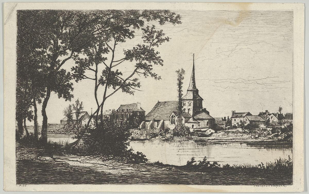 Town with a church across a river, Tancrède Abraham (French, Vitré 1836–1895), Etching and drypoint 