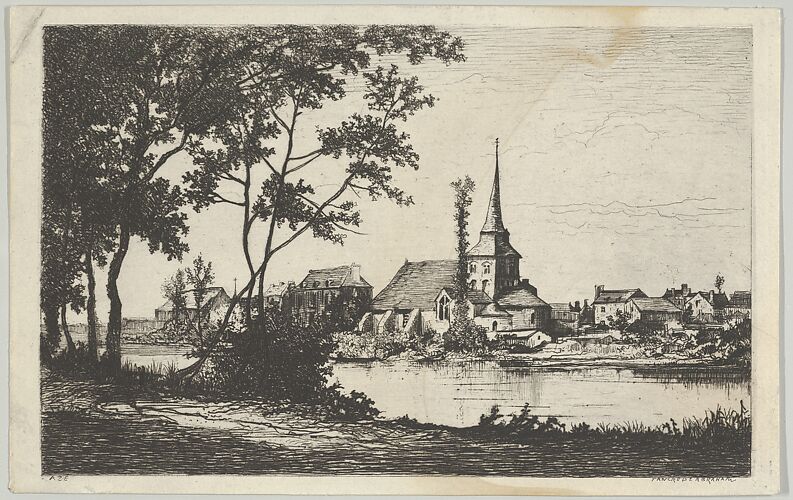 Town with a church across a river
