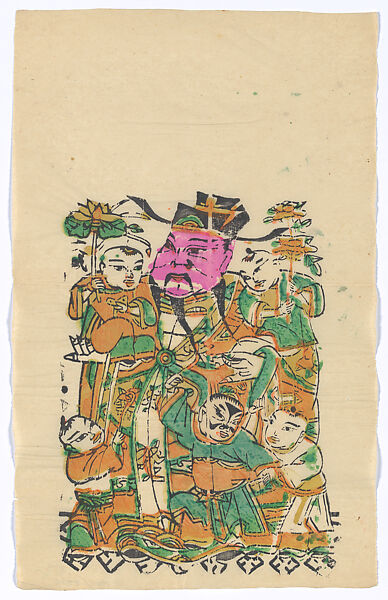 New Year Picture of Civil Door God with Five Children (right one of a pair), Unidentified artist(s)  , Chinese, early 20th century, Polychrome woodblock print; ink and color on paper, China 