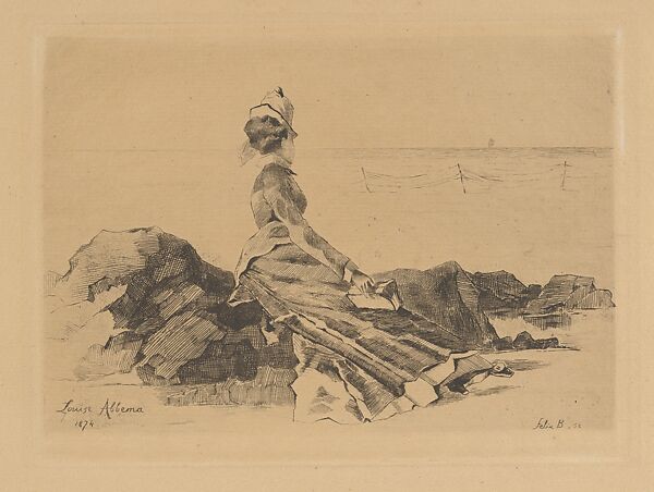 Woman Seated on a Rock, Félix-Hilaire Buhot (French, Valognes 1847–1898 Paris), Etching 