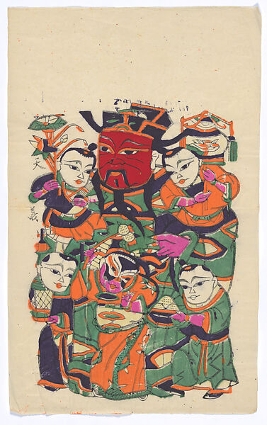 New Year Picture of Door God with Five Children (right one of a pair), Unidentified artist(s)  , Chinese, early 20th century, Polychrome woodblock print; ink and color on paper, China 