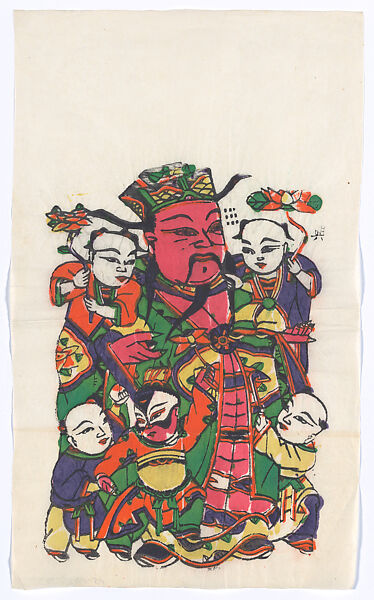 New Year Picture of Door God with Five Children (left one of a pair), Unidentified artist(s)  , Chinese, early 20th century, Polychrome woodblock print; ink and color on paper, China 