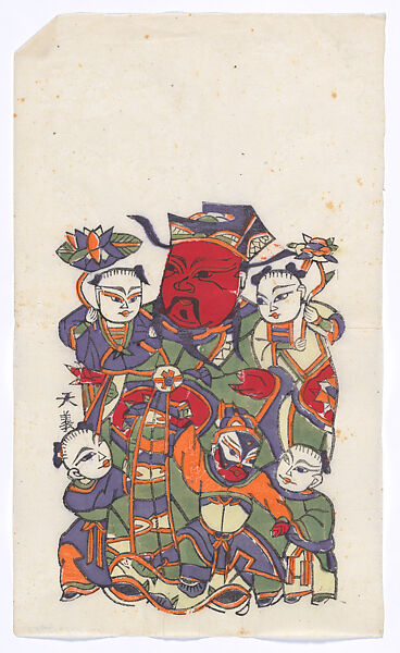 New Year Picture of Door God with Five Children (right one of a pair), Unidentified artist(s)  , Chinese, early 20th century, Polychrome woodblock print; ink and color on paper, China 