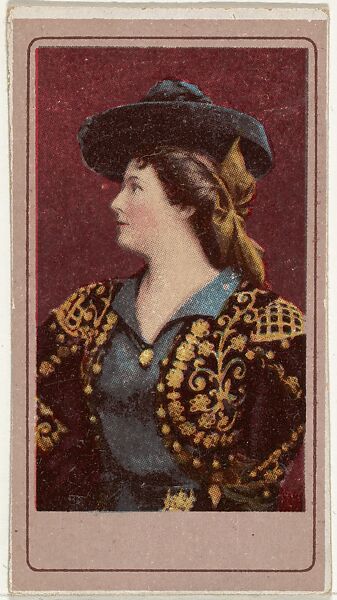 Actress wearing elaborate gold decorated jacket, from the Actresses series (T176) issued by Sweet Caporal Cigarettes, Issued by Kinney Brothers Tobacco Company, Commercial color lithograph