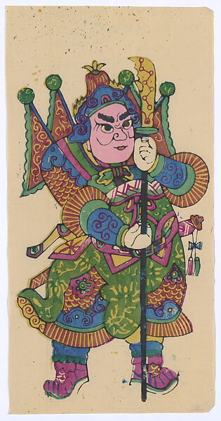 New Year Picture of Door God with Knife-mounted Pole (left one of a pair), Unidentified artist(s) (early 20th century), Woodblock print; ink and color on paper, China 