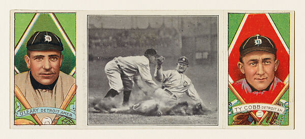 "A Desperate Slide for Third," with Chas. O'Leary and Tyrus Cobb, from the series Hassan Triple Folders (T202), Hassan Cigarettes (American), Commercial lithographs with half-tone photograph 
