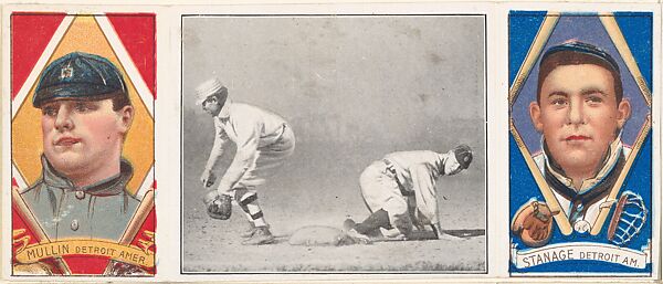 "A Wide Throw Saves Crawford," with George J. Mullin and Oscar Stanage, from the series Hassan Triple Folders (T202), Hassan Cigarettes (American), Commercial lithographs with half-tone photograph 