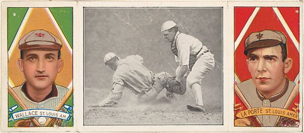 "A Close Play at the Home Plate," with R. J. Wallace and Frank LaPorte, from the series Hassan Triple Folders (T202), Hassan Cigarettes (American), Commercial lithographs with half-tone photograph 