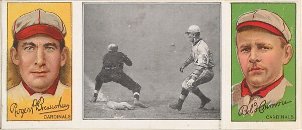 "Caught Asleep Off First," with Roger Bresnahan and Robert Harmon, from the series Hassan Triple Folders (T202), Hassan Cigarettes (American), Commercial lithographs with half-tone photograph 