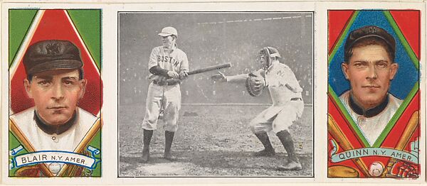 "Ambrose McConnell at Bat," with Walter Blair and John Quinn, from the series Hassan Triple Folders (T202), Hassan Cigarettes (American), Commercial lithographs with half-tone photograph 