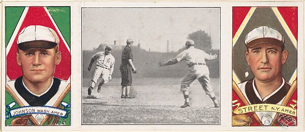 "Birmingham Gets to Third," with Walter Johnson and Charles E. Street, from the series Hassan Triple Folders (T202), Hassan Cigarettes (American), Commercial lithographs with half-tone photograph 