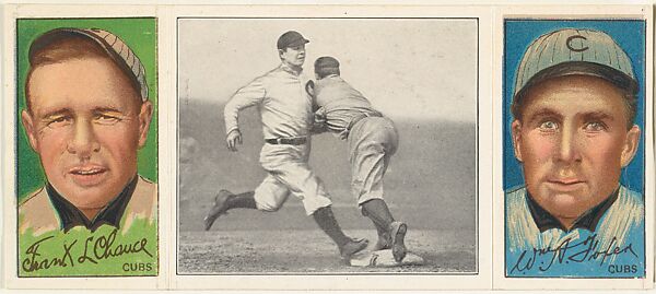 "Chance Beats Out a Hit," with Frank Leroy Chance and William Aloysius Foxen, from the series Hassan Triple Folders (T202), Hassan Cigarettes (American), Commercial lithographs with half-tone photograph 