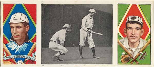 "Chief Bender Waiting...," with Charles Bender and Ira Felix Thomas, from the series Hassan Triple Folders (T202), Hassan Cigarettes (American), Commercial lithographs with half-tone photograph 