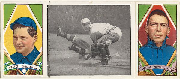 "Close at the Plate," with E. Walsh and F. Payne, from the series Hassan Triple Folders (T202), Hassan Cigarettes (American), Commercial lithographs with half-tone photograph 