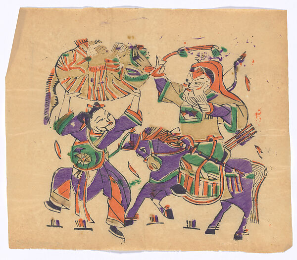 New Year Picture of characters in the drama, Feihu Shan (Mount Feihu), Unidentified artist(s)  , early 20th century, Polychrome woodblock print; ink and color on paper, China 