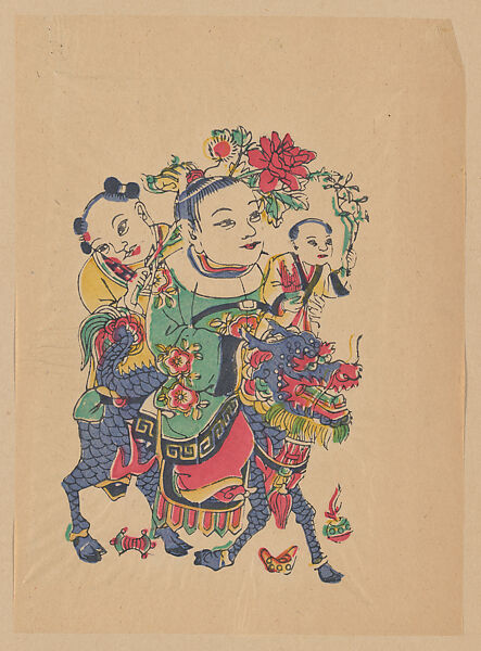 New Year Picture of Mythical Qilin Delivering a Son (left one of a pair), Unidentified artist(s)  , early 20th century, Polychrome woodblock print; ink and color on paper, China 