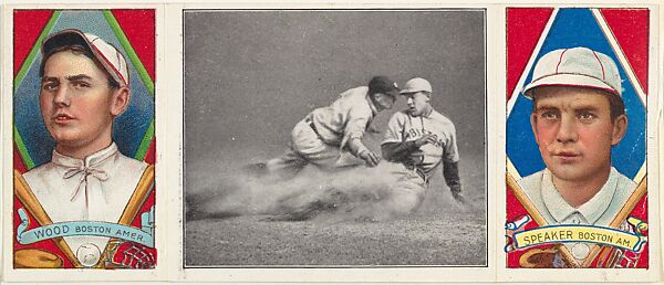 "Close at Third," with J. Wood and J. Speaker, from the series Hassan Triple Folders (T202), Hassan Cigarettes (American), Commercial lithographs with half-tone photograph 