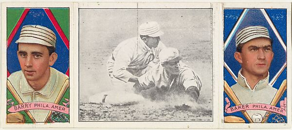 "Chase Safe at Third," with J. Barry to F. Baker, from the series Hassan Triple Folders (T202), Hassan Cigarettes (American), Commercial lithographs with half-tone photograph 