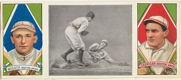 "Close at Third," with C. Wagner and W. Carrigan, from the series Hassan Triple Folders (T202), Hassan Cigarettes (American), Commercial lithographs with half-tone photograph 
