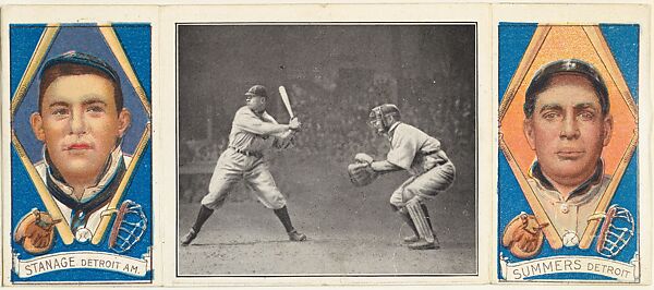 "Crawford About to Smash One," with Oscar Stanage and Edgar Summers, from the series Hassan Triple Folders (T202), Hassan Cigarettes (American), Commercial lithographs with half-tone photograph 