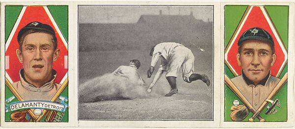 "Davy Jones' Great Slide," with James Delahanty and David Jones, from the series Hassan Triple Folders (T202), Hassan Cigarettes (American), Commercial lithographs with half-tone photograph 