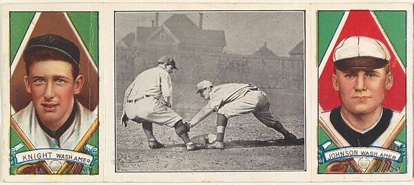 "Knight Catches a Runner," with Jack Knight and Walter Johnson, from the series Hassan Triple Folders (T202), Hassan Cigarettes (American), Commercial lithographs with half-tone photograph 