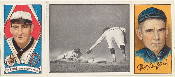"Schaefer Steals Second," with George F. McBride and Clark Griffith, from the series Hassan Triple Folders (T202), Hassan Cigarettes (American), Commercial lithographs with half-tone photograph 