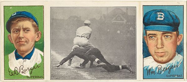 "Scrambling Back to First," with Edward B. Barger and William Bergen, from the series Hassan Triple Folders (T202), Hassan Cigarettes (American), Commercial lithographs with half-tone photograph 