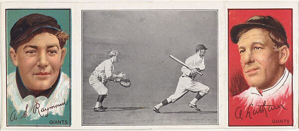 "Tenney Lands Safely," with A. L. Raymond and W. A. Latham, from the series Hassan Triple Folders (T202), Hassan Cigarettes (American), Commercial lithographs with half-tone photograph 