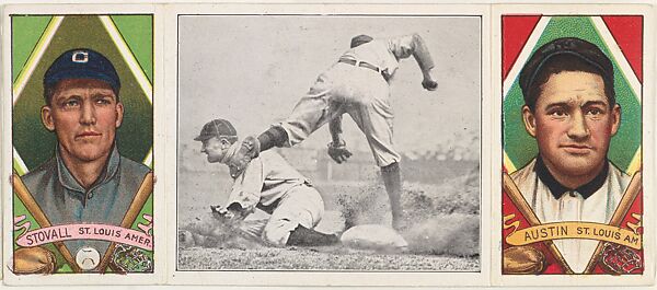 "Ty Cobb Steals Third," with George T. Stovall and James Austin, from the series Hassan Triple Folders (T202), Hassan Cigarettes (American), Commercial lithographs with half-tone photograph 