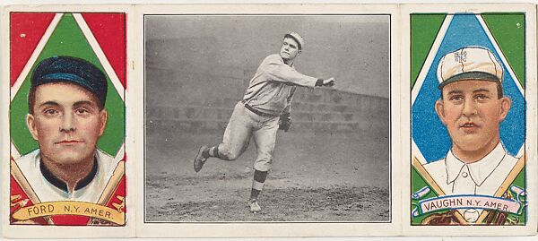 "Ford Putting Over a Spitter," with Russell Ford and James Vaughn, from the series Hassan Triple Folders (T202), Hassan Cigarettes (American), Commercial lithographs with half-tone photograph 