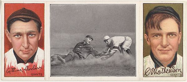 "Too Late For Devlin," with Arthur Devlin (Giants) and Mathewson (Giants), from the series Hassan Triple Folders (T202), Hassan Cigarettes (American), Commercial lithographs with half-tone photograph 