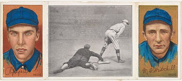 "Chase Gets Ball Too Late," with R. J. Egan and Michael Mitchell, from the series Hassan Triple Folders (T202), Hassan Cigarettes (American), Commercial lithographs with half-tone photograph 